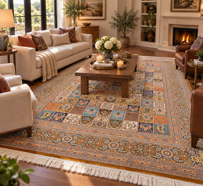 7’ x 10’ Luxury Silk Rug – Multicolor Garden Panel Design – Intricate Woven Turkish Area Rug