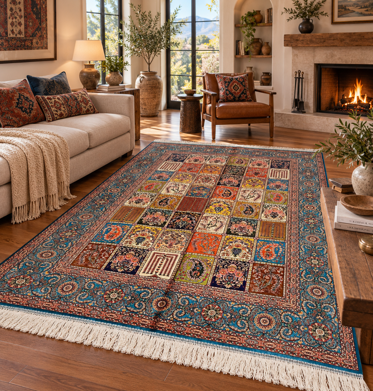 4x6 ft Silk Rug – Turquoise & Multicolor Garden Panel Floral Area Rug, Elegant Traditional Design