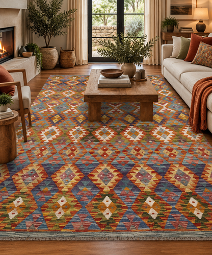 7x10 Fine Quality Handmade Turkish Kilim Rug – Handwoven Warm Multicolor Anatolian Statement Rug