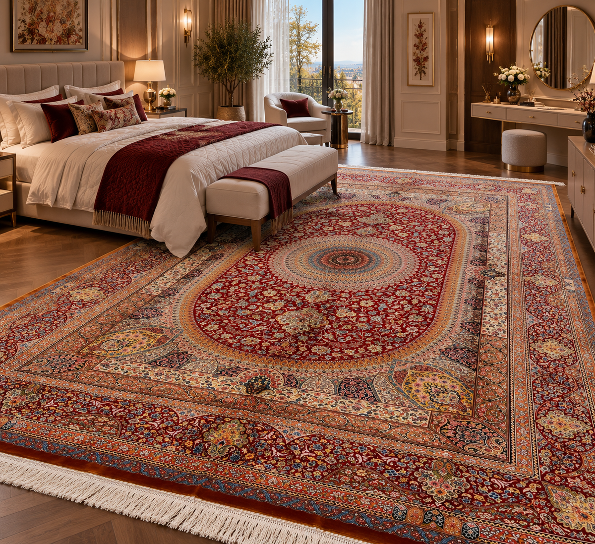 7x10 ft Red Silk Rug – Burgundy, Gold & Ivory Floral Medallion Area Rug, Ornate Luxury Statement Design