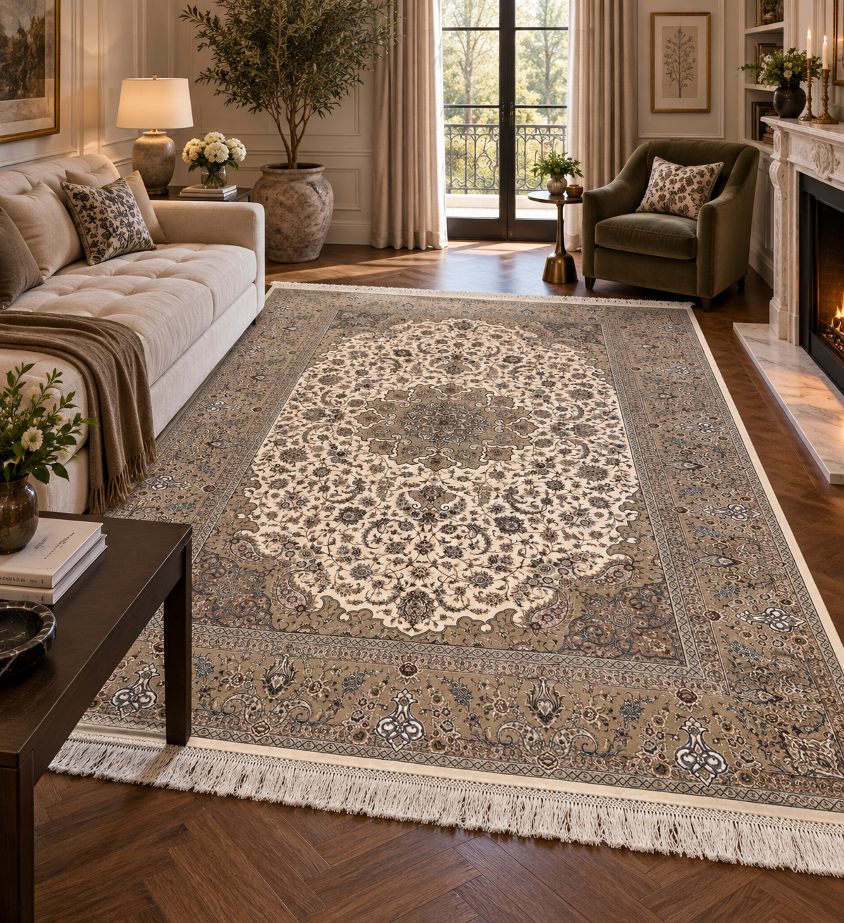 5x8 Luxury Ivory & Taupe Bamboo Silk Rug – Elegant Floral Medallion Design – Neutral Turkish Statement Area Rug