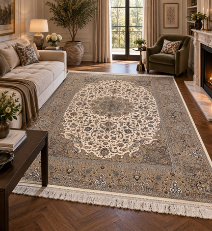 5x8 Luxury Ivory & Taupe Bamboo Silk Rug – Elegant Floral Medallion Design – Neutral Turkish Statement Area Rug