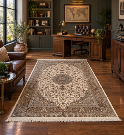 5x8 Luxury Ivory & Beige Bamboo Silk Rug – Ornate Floral Medallion Design – Elegant Turkish Area Rug