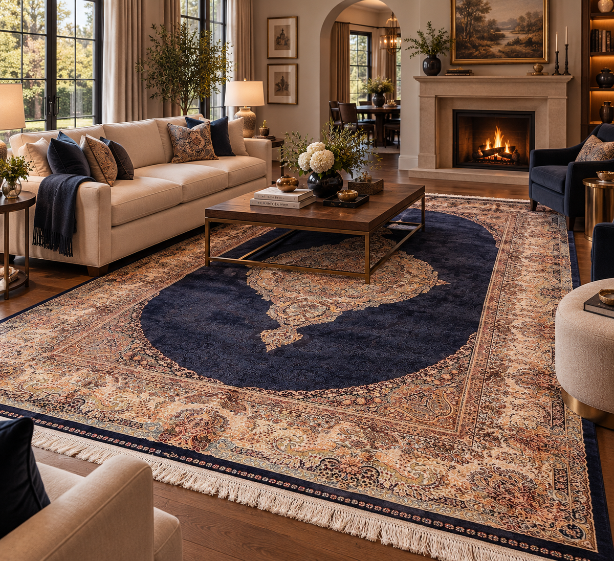 7x10 ft Bamboo Silk Rug – Navy Blue & Beige Medallion Area Rug, Elegant Traditional Floral Design