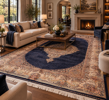 7x10 ft Bamboo Silk Rug – Navy Blue & Beige Medallion Area Rug, Elegant Traditional Floral Design