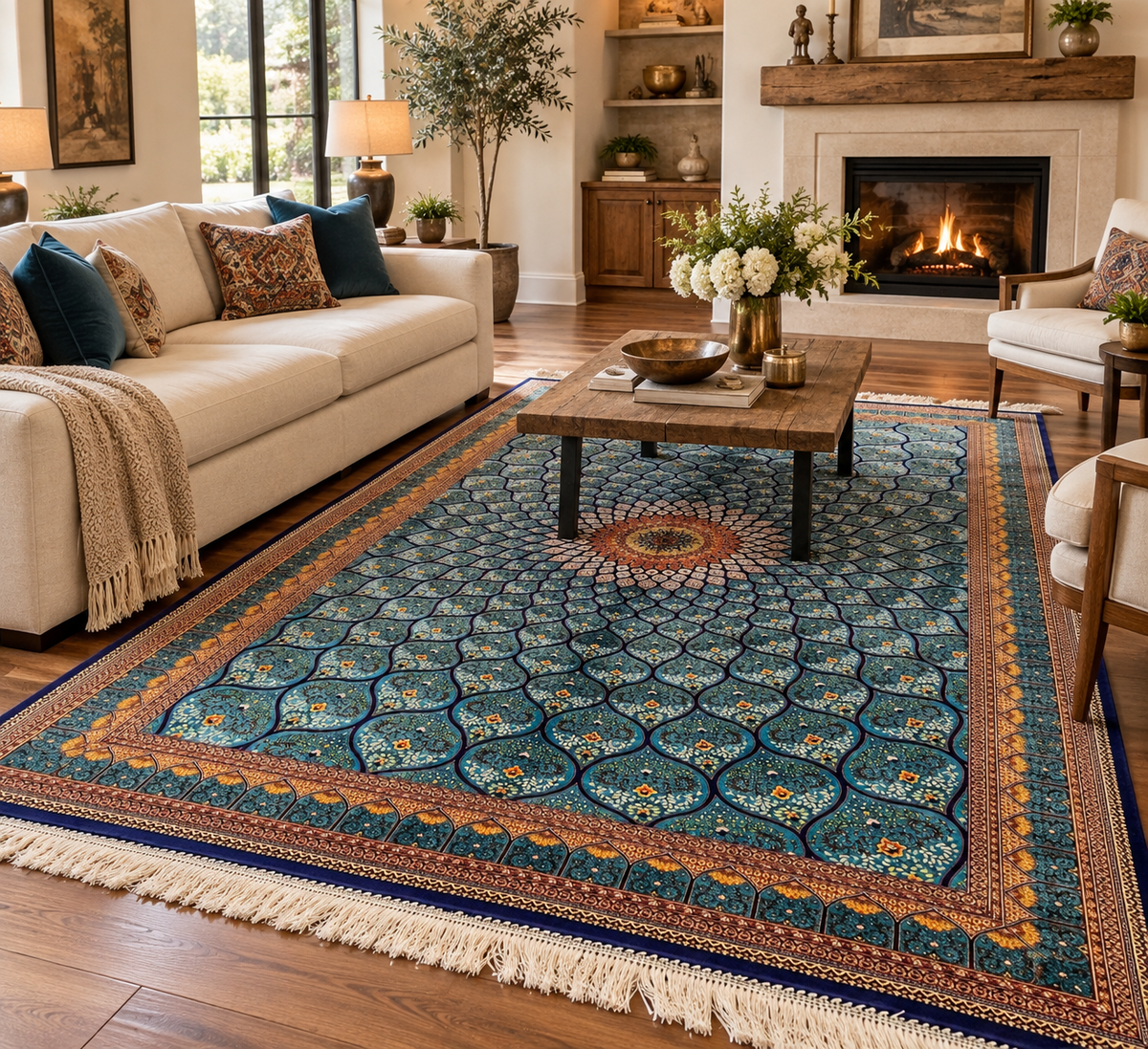 5’ x 8’ Luxury Silk Rug – Turquoise Blue Radiating Medallion Design – Intricate Woven Turkish Area Rug