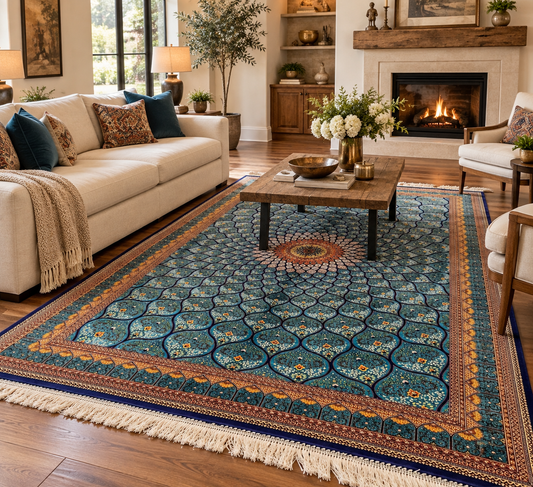 5’ x 8’ Luxury Silk Rug – Turquoise Blue Radiating Medallion Design – Intricate Woven Turkish Area Rug