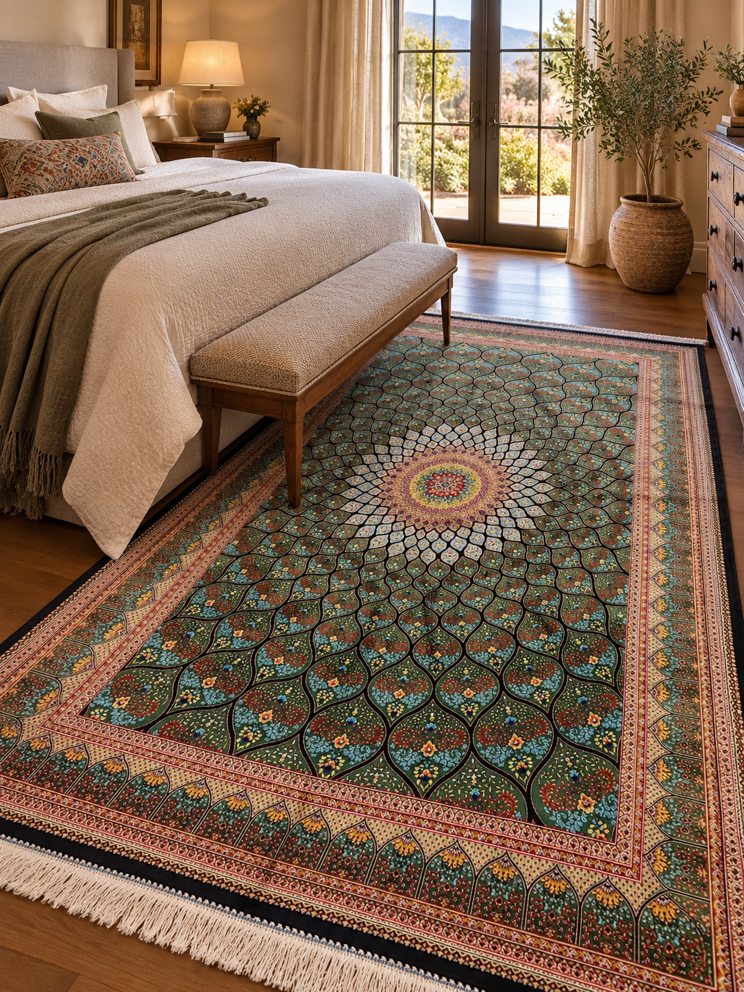 4x6 ft Silk Rug – Deep Green & Black Floral Medallion Area Rug with Radiating Geometric Design and Elegant Silk Finish
