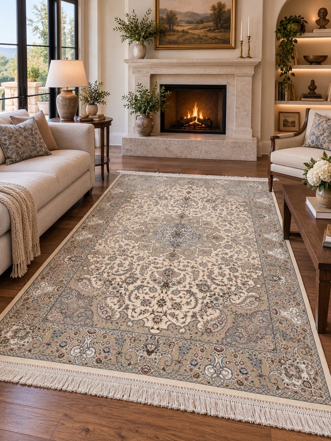 4x6 ft Silk Rug – Ivory, Beige & Soft Gray Floral Medallion Area Rug with Elegant Botanical Design and Refined Silk Finish