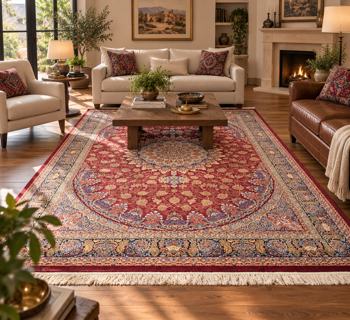 7x10 Luxury Silk Rug – Elegant Burgundy Floral Medallion with Navy Blue & Ivory Details – Woven Turkish Area Rug