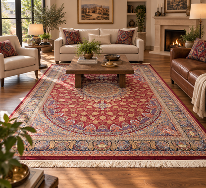 7x10 Luxury Silk Rug – Elegant Burgundy Floral Medallion with Navy Blue & Ivory Details – Woven Turkish Area Rug