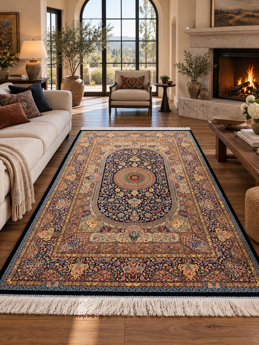 4x6 ft Silk Rug – Navy Blue, Gold & Ivory Floral Medallion Area Rug with Ornate Traditional Design and Elegant Silk Finish