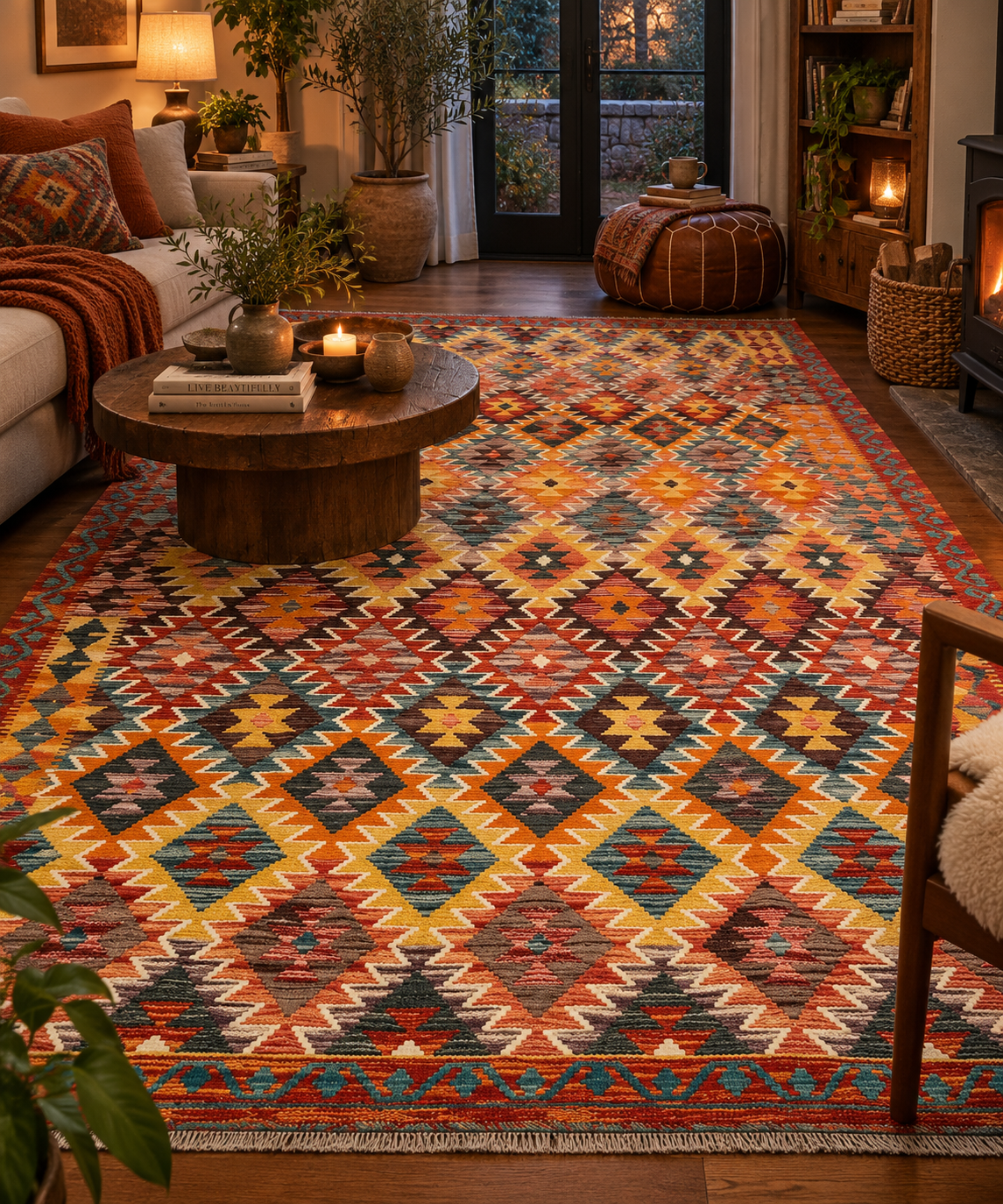 7x10 Fine Quality Turkish Kilim Rug, Warm Gold & Multicolor Geometric Wool Kilim, Large Flatweave Area Rug, Diamond Design