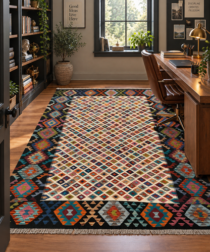 6x8 Fine Quality Turkish Kilim Rug – Handwoven Multicolor Geometric Rug with Bold Black Border