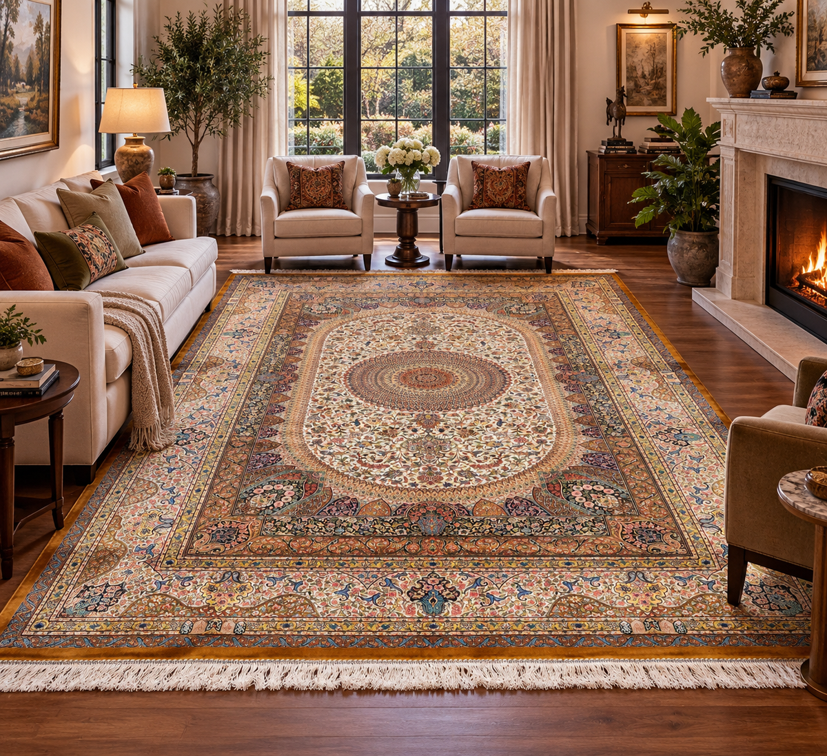 7×10 ft Silk Rug – Ivory, Gold & Multicolor Ornate Medallion Area Rug, Luxury Traditional Turkish Design