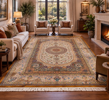 7×10 ft Silk Rug – Ivory, Gold & Multicolor Ornate Medallion Area Rug, Luxury Traditional Turkish Design
