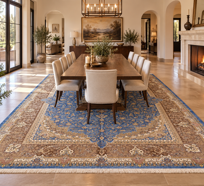 Luxury Bamboo Silk Area Rug – 13.4’ × 9.7’ | Grand Medallion Design | Premium Blue & Ivory Statement Rug