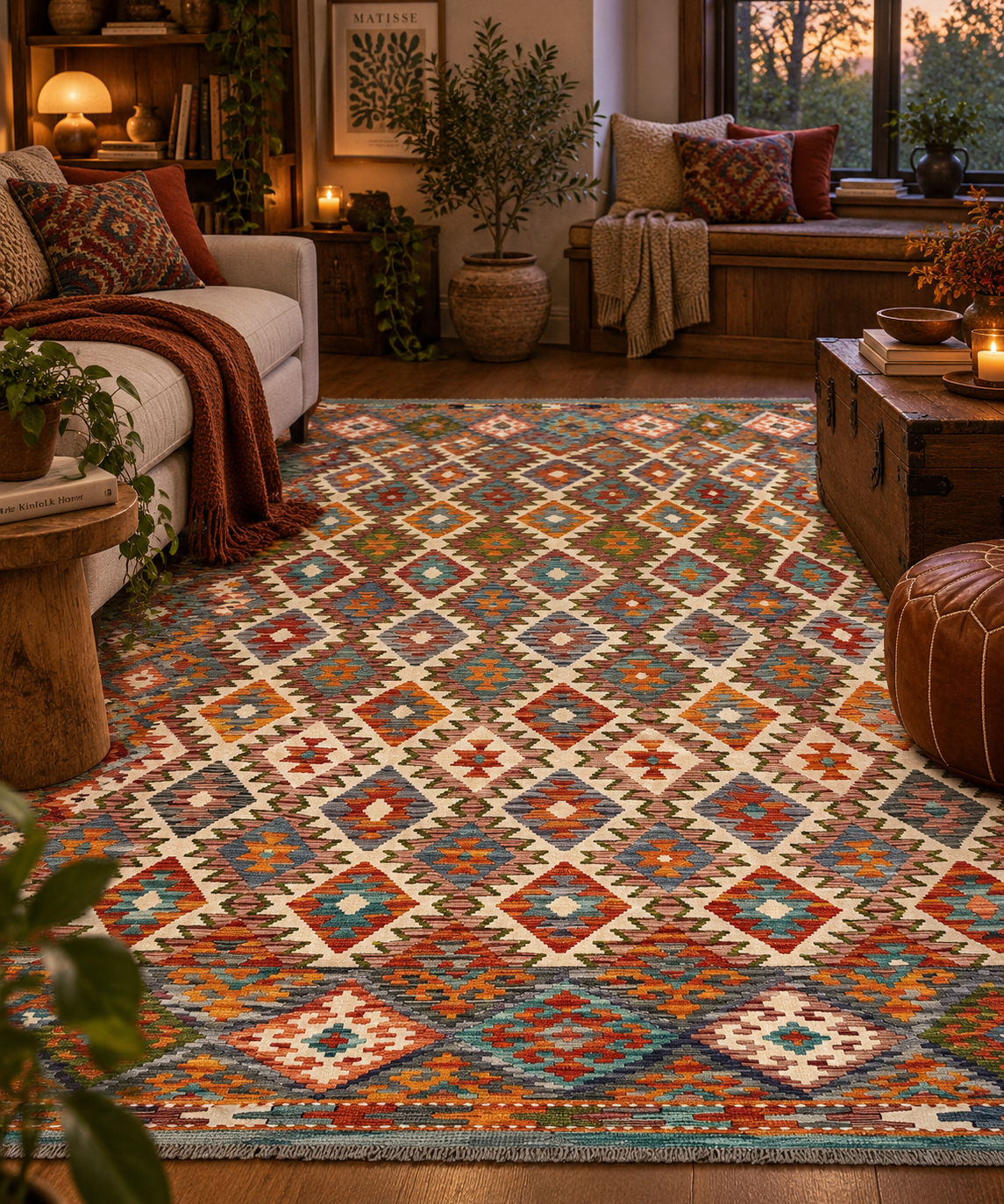 7x10 Fine Quality Turkish Kilim Rug, Ivory Multicolor Geometric Wool Kilim, Large Flatweave Rug, Diamond Medallion Design