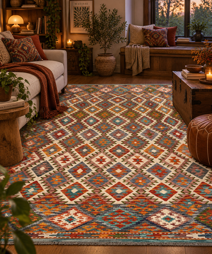 7x10 Fine Quality Turkish Kilim Rug, Ivory Multicolor Geometric Wool Kilim, Large Flatweave Rug, Diamond Medallion Design