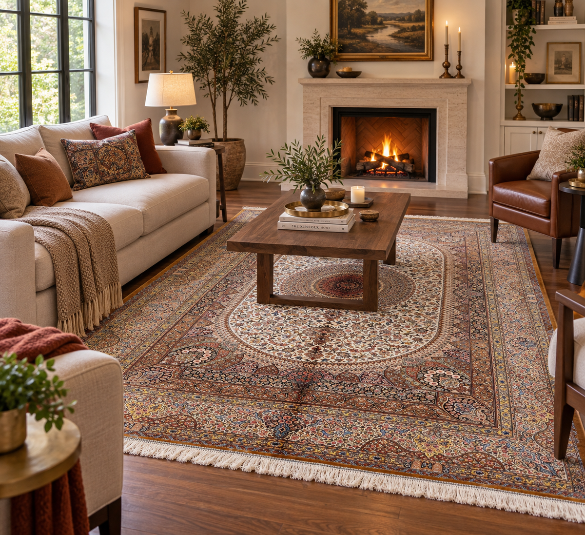 5x8 Ivory & Rust Silk Rug – Intricate Floral Medallion Design with Ornate Border