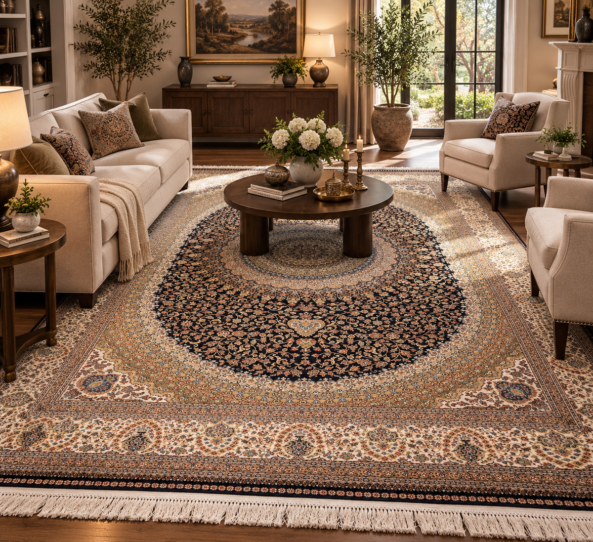 7’ x 10’ Luxury Silk Rug – Black & Ivory Grand Medallion Design – Intricate Woven Turkish Area Rug