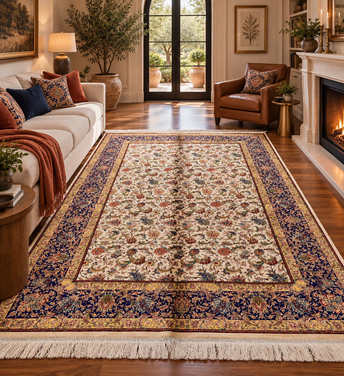5x8 Luxury Ivory & Navy Bamboo Silk Rug – Intricate All-Over Floral Design – Elegant Turkish Area Rug