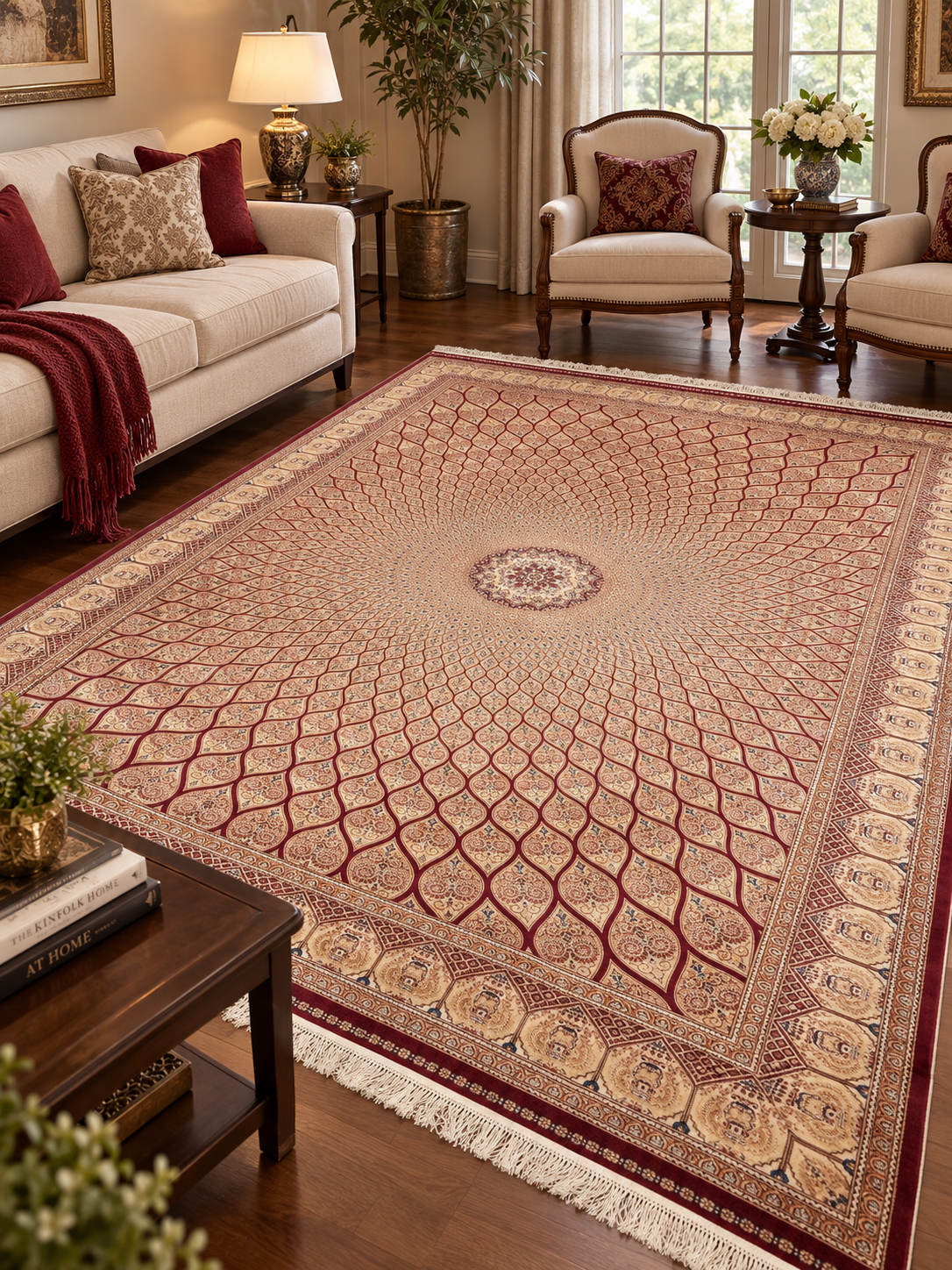 7’ x 10’ Luxury Silk Rug – Burgundy & Ivory Radiating Medallion Design – Intricate Woven Turkish Area Rug