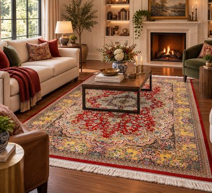 5’ x 8’ Luxury Red Bamboo Silk Rug – Grand Floral Medallion Design, Gold & Ivory Accents, Fine Woven Statement Rug