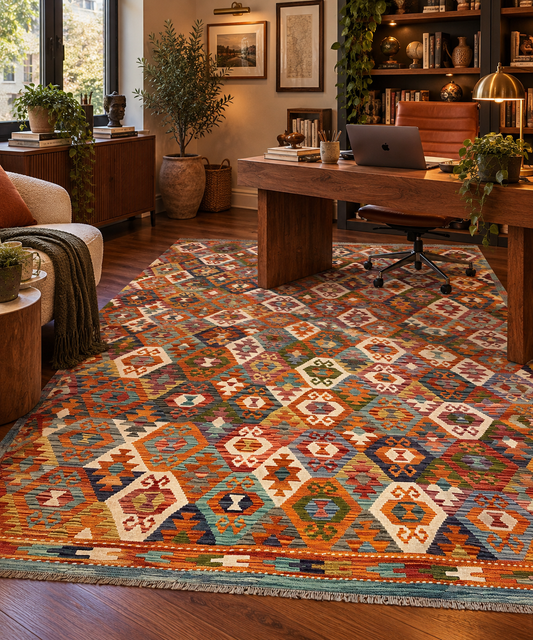 7x10 Fine Quality Turkish Kilim Rug, Colorful Geometric Wool Kilim, Large Flatweave Area Rug, Tribal Medallion Design