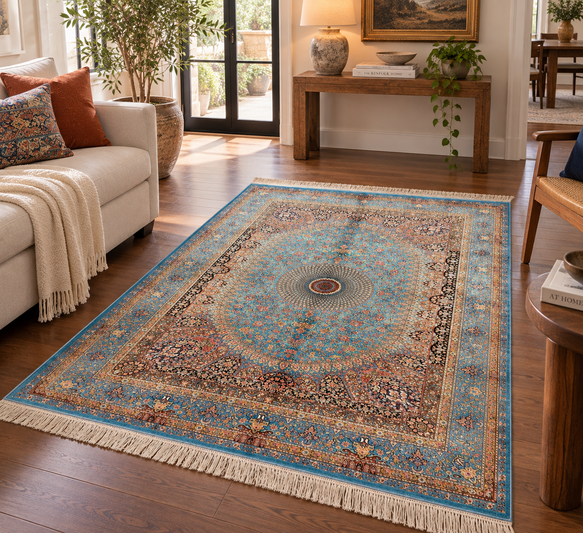 4x6 ft Silk Rug – Turquoise Blue Floral Medallion Area Rug, Elegant Luxury Home Decor