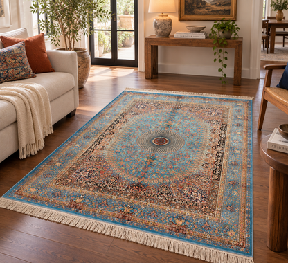 4x6 ft Silk Rug – Turquoise Blue Floral Medallion Area Rug, Elegant Luxury Home Decor
