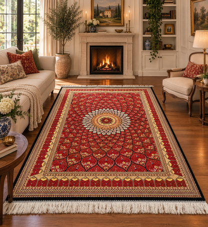 4x6 ft Bamboo Silk Rug – Deep Red Floral Medallion Silk Area Rug – Luxury Statement Rug
