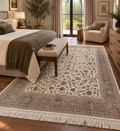 5’ x 8’ Luxury Ivory Bamboo Silk Rug – Elegant All-Over Floral Design, Soft Pink & Gold Accents, Fine Woven Area Rug