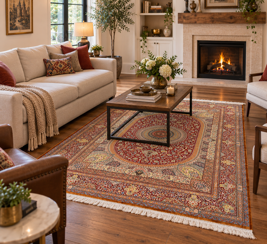 5’ x 8’ Luxury Silk Rug – Ruby Red Grand Medallion & Floral Design – Intricate Woven Turkish Area Rug