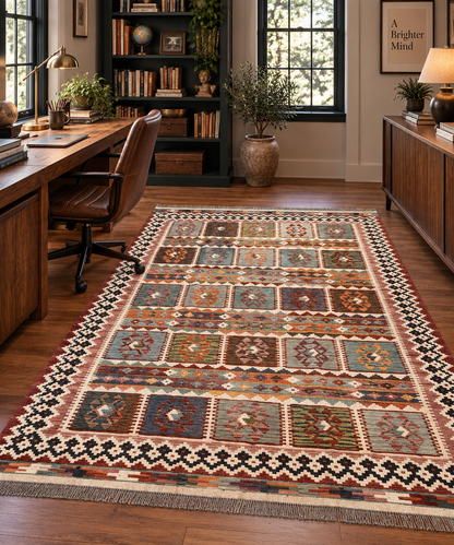 6x8 Fine Quality Turkish Kilim Rug – Handwoven Multicolor Panel Design Anatolian Rug