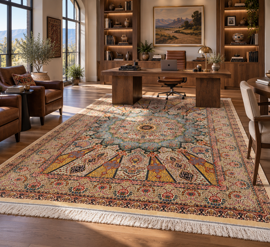 7x10 ft Silk Rug – Ivory, Soft Blue & Gold Ornate Medallion Area Rug, Elegant Floral Statement Design