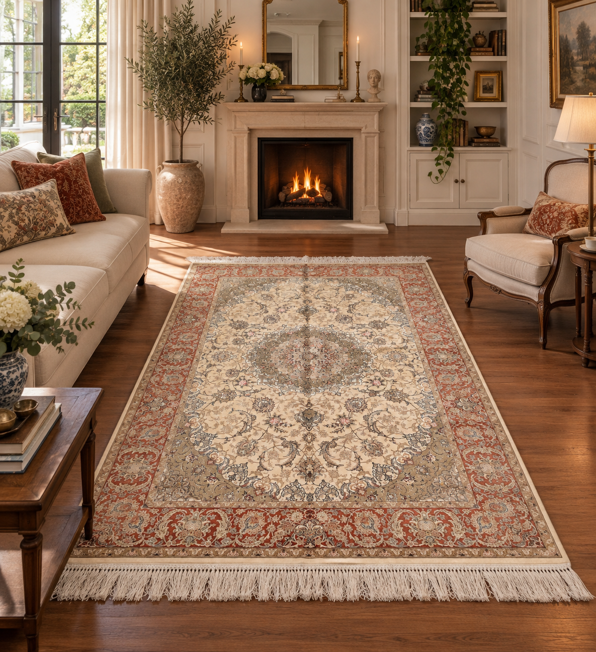 4x6 ft Ivory Silk Rug – Rust Burgundy Border & Taupe Floral Medallion Area Rug, Elegant Classic Design