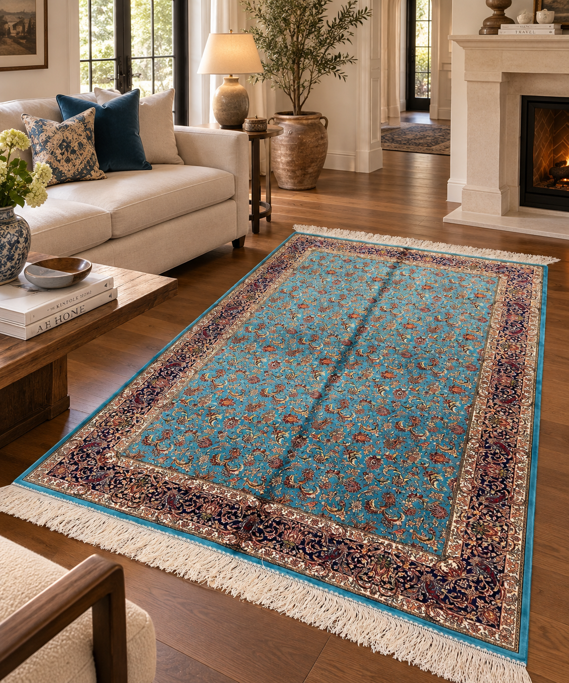 4x6 ft Silk Rug – Turquoise Blue & Navy Floral Area Rug with Intricate Botanical Design and Elegant Silk Finish
