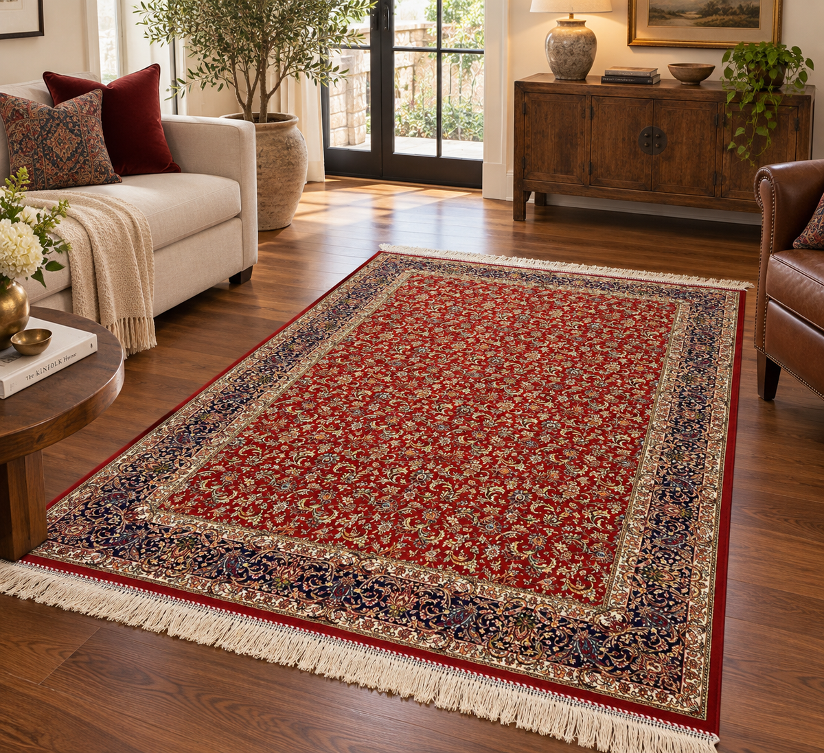 4x6 ft Silk Rug – Deep Red & Navy Floral Area Rug, Elegant Traditional Design with Intricate Botanical Details