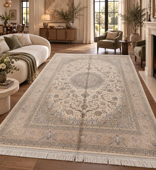5x8 Ivory & Taupe Silk Rug – Refined Floral Medallion Design with Elegant Neutral Tones