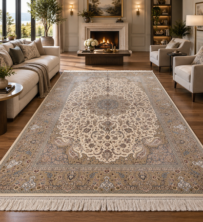 5x8 Ivory & Taupe Silk Rug – Elegant Floral Medallion Design with Soft Neutral Tones