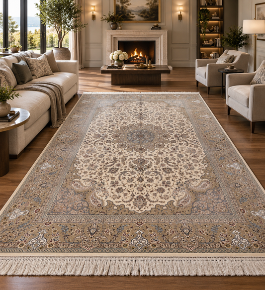 5x8 Ivory & Taupe Silk Rug – Elegant Floral Medallion Design with Soft Neutral Tones
