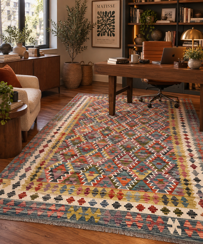 7x10 Fine Quality Turkish Kilim Rug, Colorful Geometric Wool Kilim, Large Flatweave Area Rug, Diamond Tribal Design