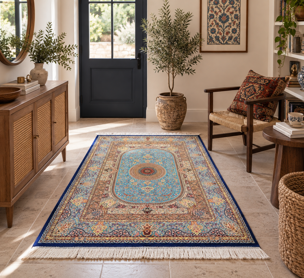 4x6 ft Soft Blue Silk Rug – Navy & Ivory Floral Medallion Area Rug, Elegant Classic Design