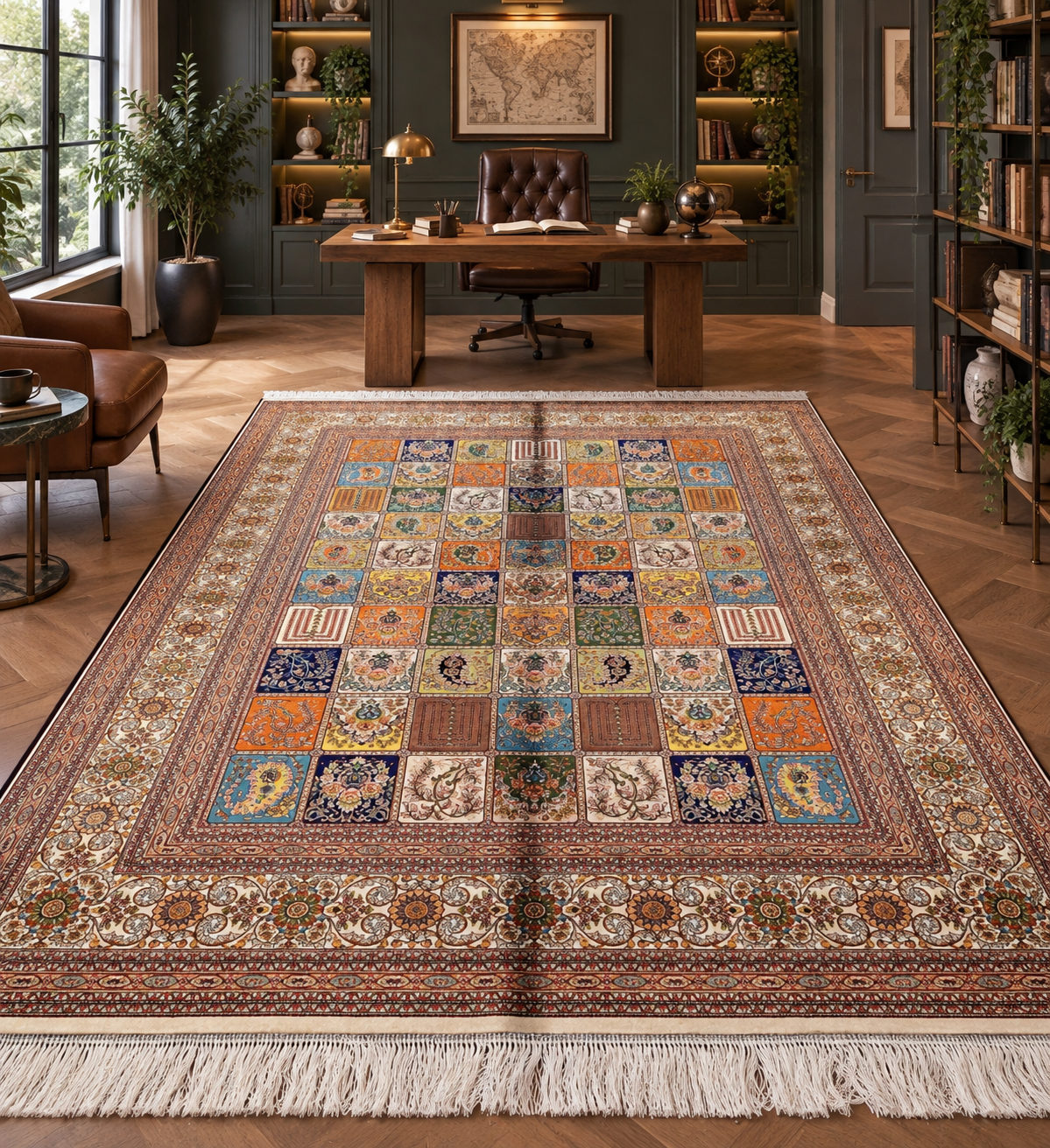 5x8 Bamboo Silk Rug – Multicolor Garden Panel Design – Woven Turkish Area Rug