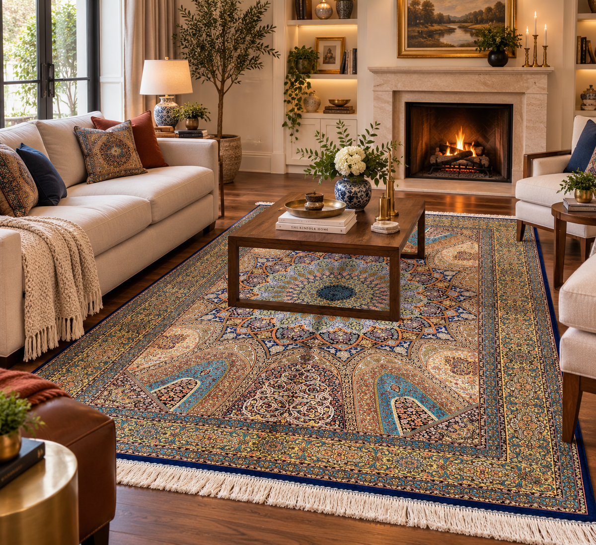 5’ x 8’ Luxury Bamboo Silk Rug – Grand Rosette Medallion Design, Turquoise, Navy & Gold Fine Woven Statement Rug