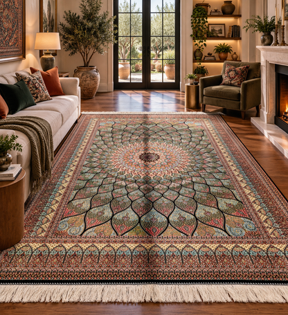 5x8 Luxury Sage Green Bamboo Silk Rug – Grand Radiating Floral Medallion Design – Elegant Turkish Statement Rug