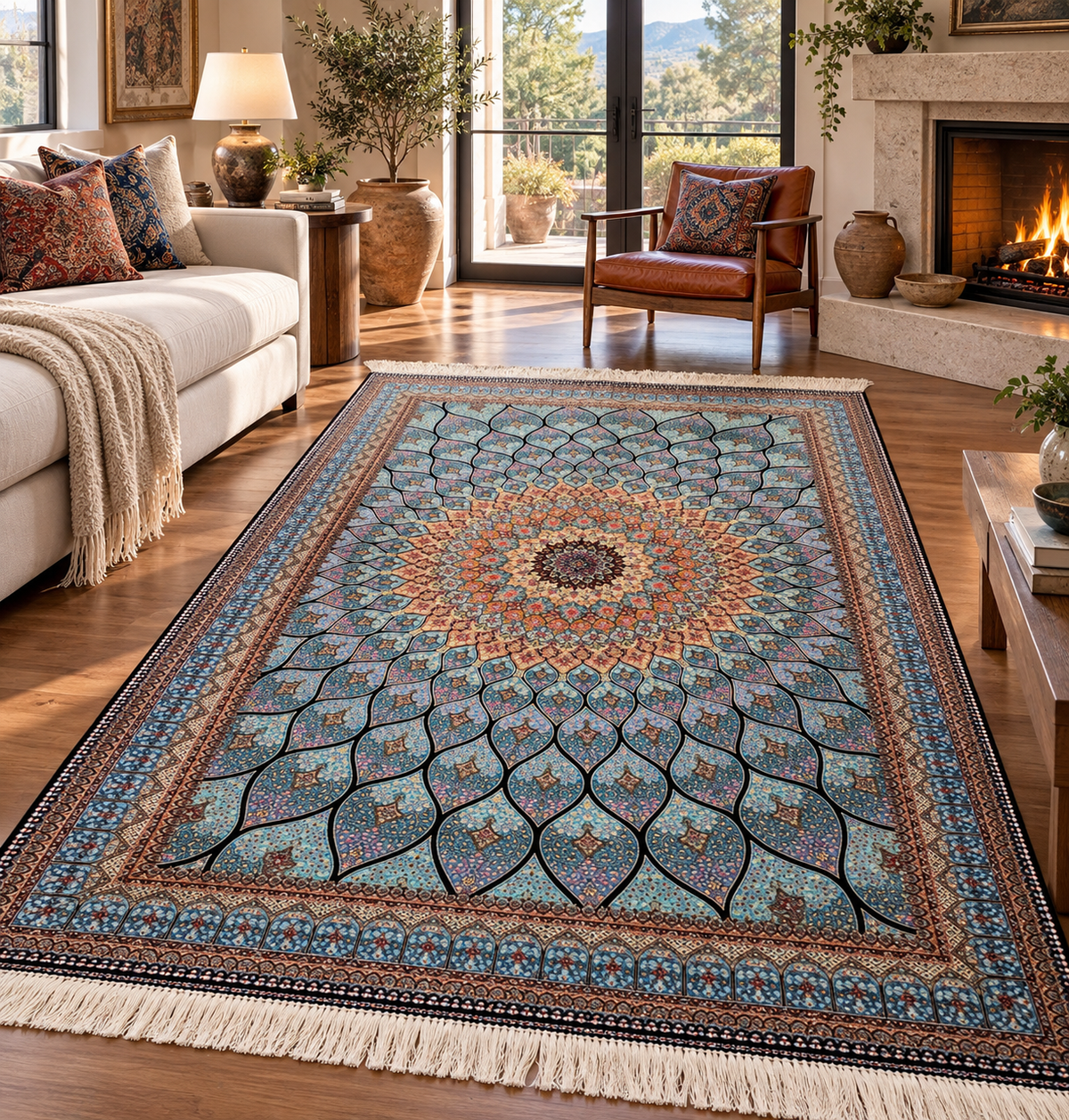 4x6 ft Silk Rug – Ivory & Soft Blue Geometric Medallion Area Rug, Elegant Floral Design
