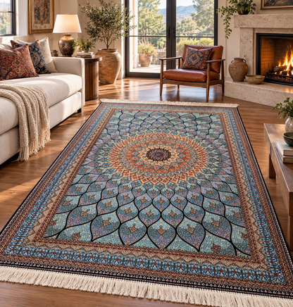 4x6 ft Silk Rug – Ivory & Soft Blue Geometric Medallion Area Rug, Elegant Floral Design