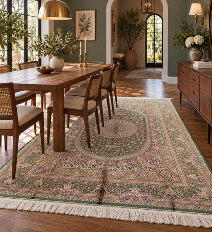 5’ x 8’ Luxury Sage Green Bamboo Silk Rug – Intricate Floral Medallion Design, Elegant Fine Woven Area Rug